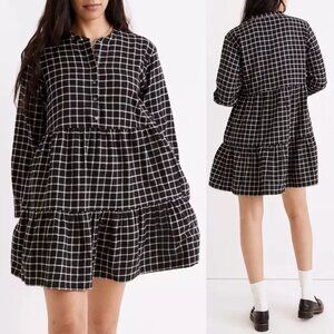 Madewell Flannel Button-Placket Tiered Mini Dress Windowpane Plaid Black S $118
